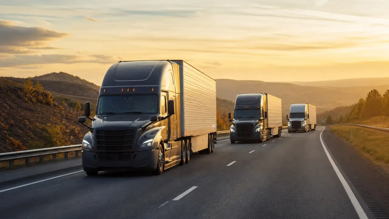Class-8 truck fleet on the highway at golden hour