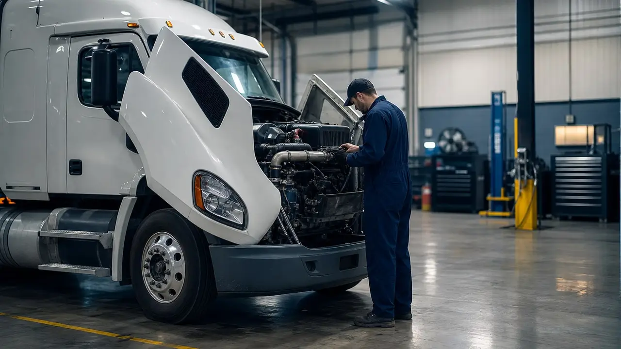 Mechanic inspecting a Class-8 truck in a modern diesel repair bay