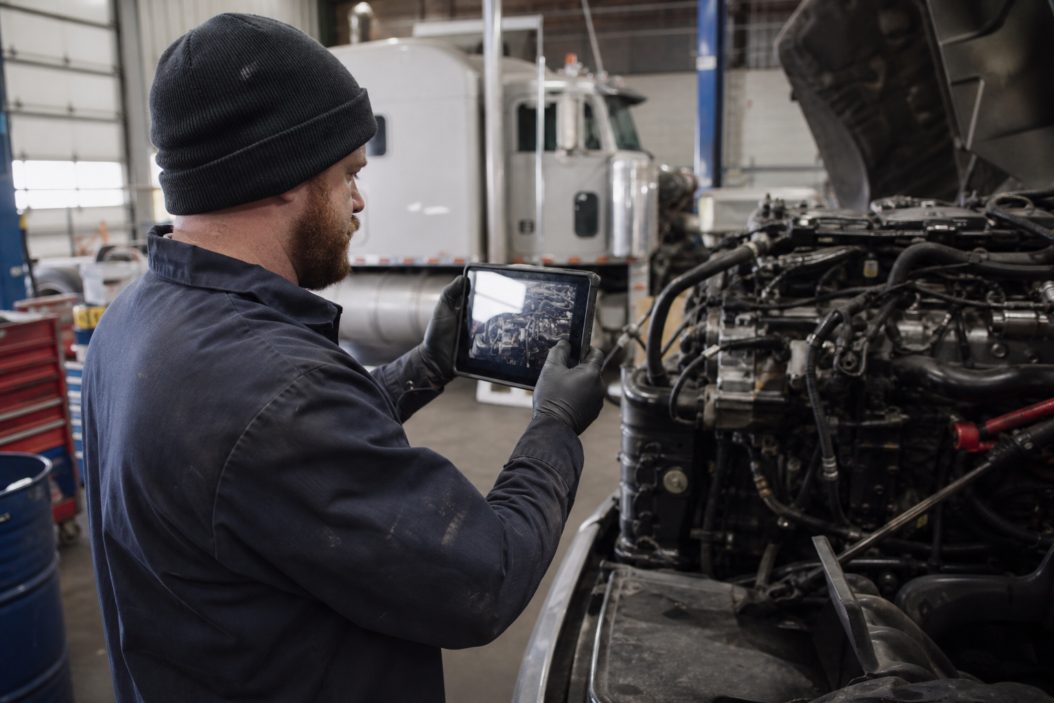 Technician attaching repair photos to a job on a tablet