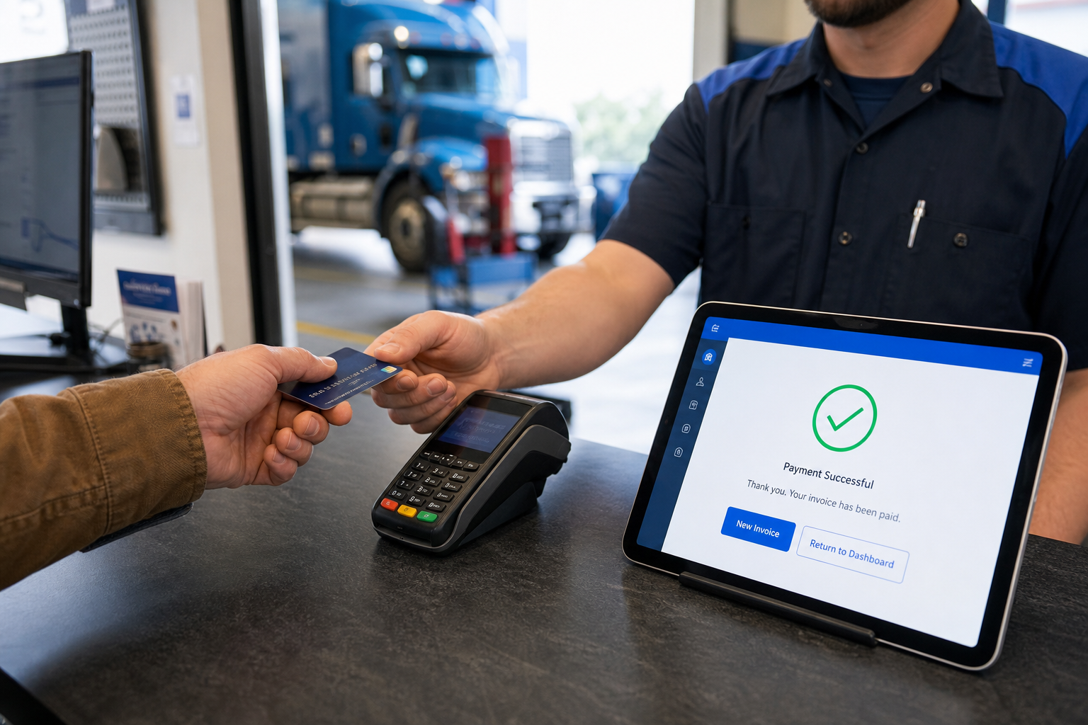 Customer paying a WrenchPilot invoice from their phone in the shop