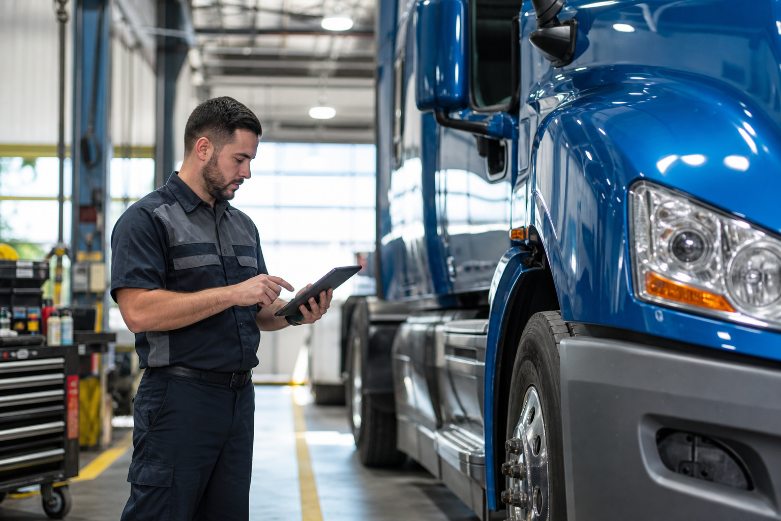 Technician working on a heavy-duty truck in the shop
